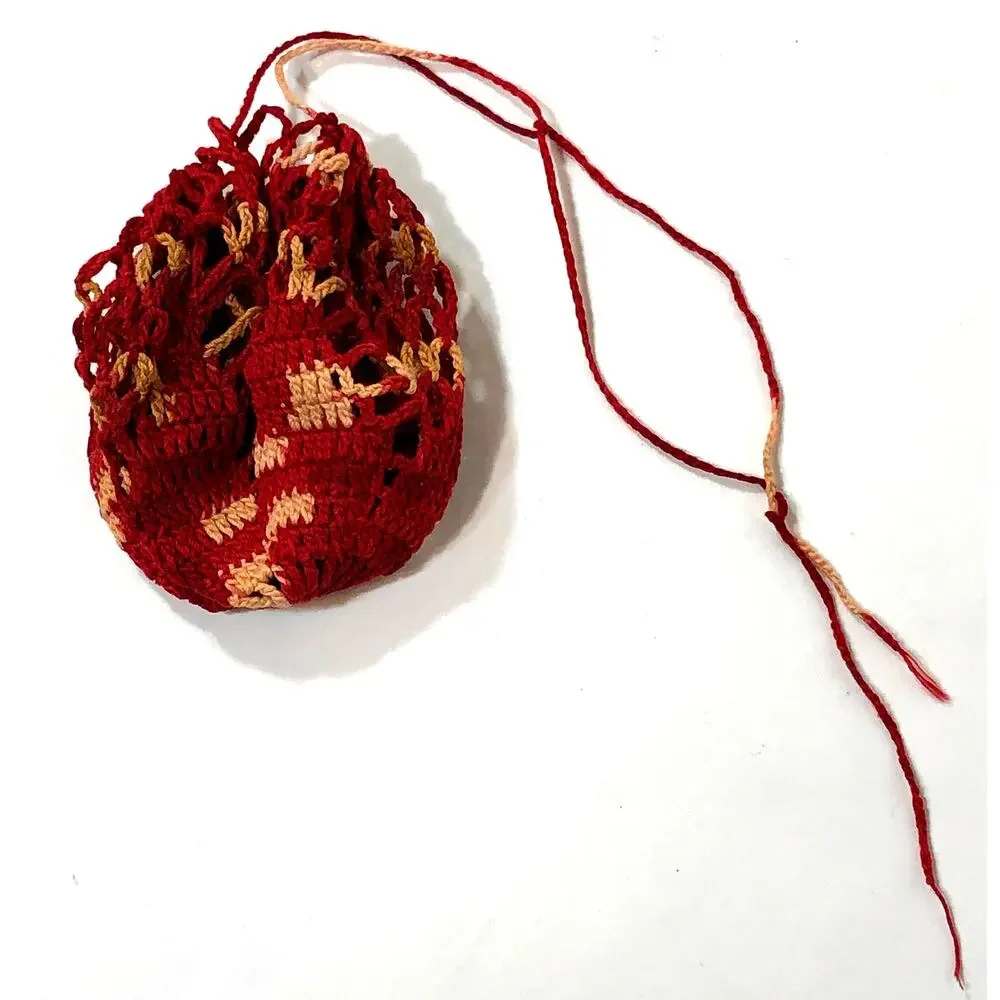 Tiny Crochet Drawstring Bag Doily Starburst Red Pouch 8.5
